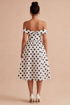 White and Black Off the Shoulder Keyhole A Line Midi Polka Dots Dress