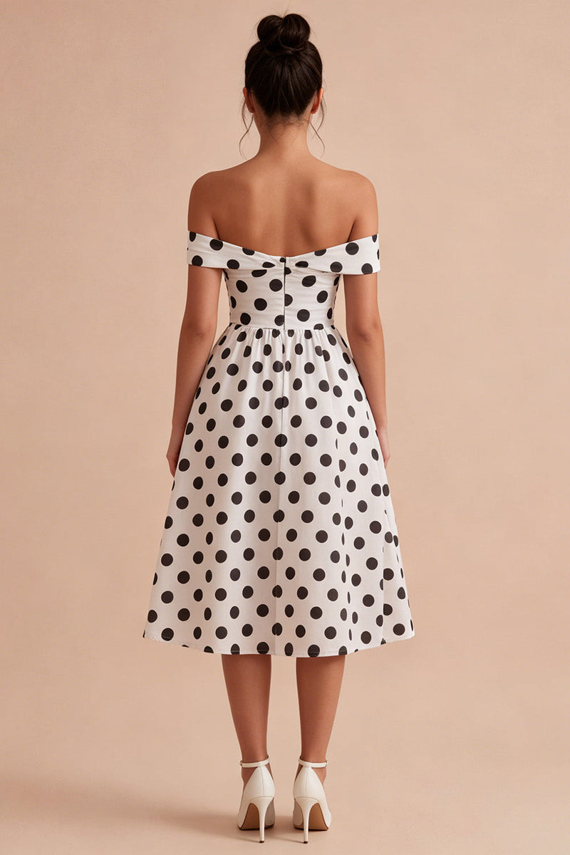Load image into Gallery viewer, White and Black Off the Shoulder Keyhole A Line Midi Polka Dots Dress