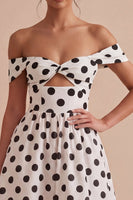 Load image into Gallery viewer, White and Black Off the Shoulder Keyhole A Line Midi Polka Dots Dress
