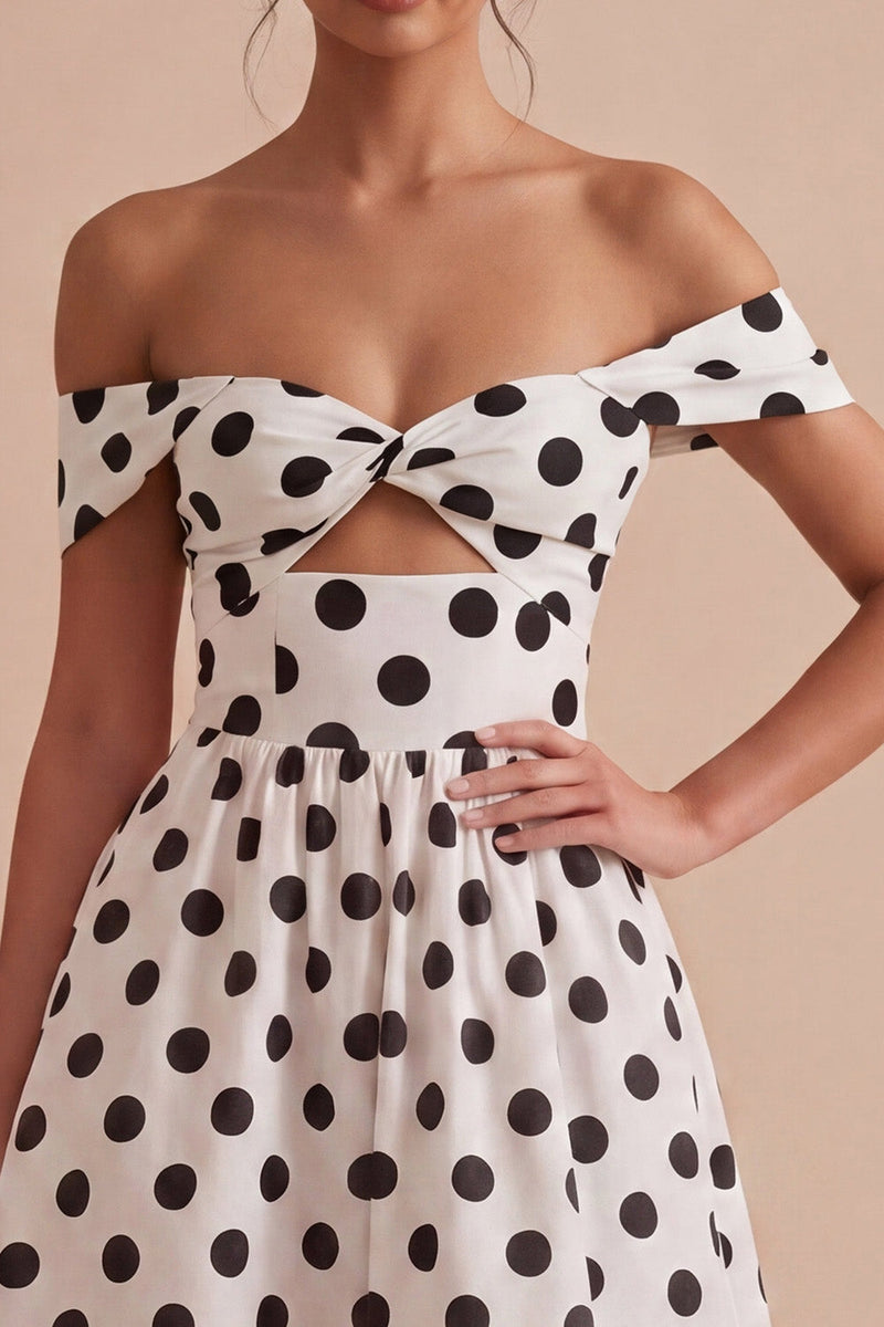 Load image into Gallery viewer, White and Black Off the Shoulder Keyhole A Line Midi Polka Dots Dress