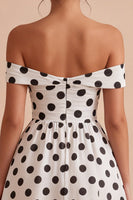 Load image into Gallery viewer, White and Black Off the Shoulder Keyhole A Line Midi Polka Dots Dress