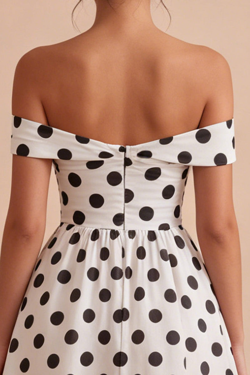Load image into Gallery viewer, White and Black Off the Shoulder Keyhole A Line Midi Polka Dots Dress