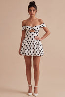 Load image into Gallery viewer, Short White and Black Off the Shoulder Keyhole A Line Polka Dots Dress