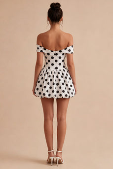 Short White and Black Off the Shoulder Keyhole A Line Polka Dots Dress