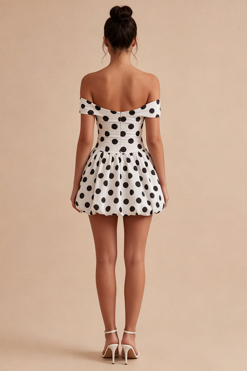 Load image into Gallery viewer, Short White and Black Off the Shoulder Keyhole A Line Polka Dots Dress