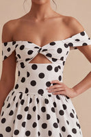 Load image into Gallery viewer, Short White and Black Off the Shoulder Keyhole A Line Polka Dots Dress