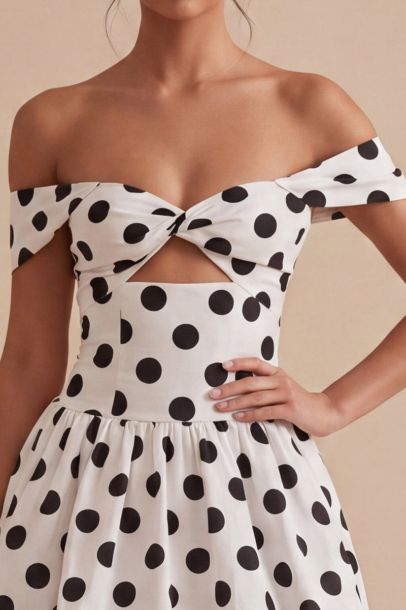 Load image into Gallery viewer, Short White and Black Off the Shoulder Keyhole A Line Polka Dots Dress