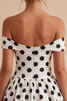 Load image into Gallery viewer, Short White and Black Off the Shoulder Keyhole A Line Polka Dots Dress