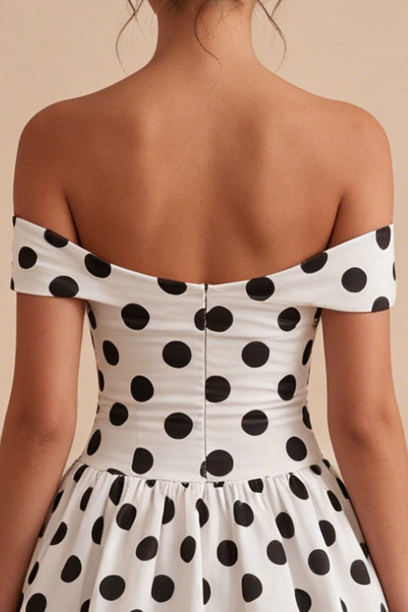 Load image into Gallery viewer, Short White and Black Off the Shoulder Keyhole A Line Polka Dots Dress