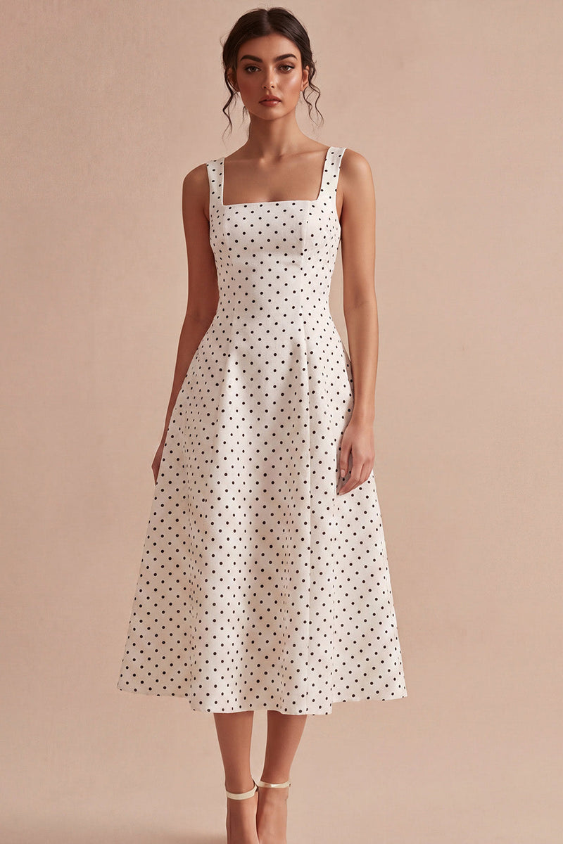 Load image into Gallery viewer, White and Black A Line Thick Straps Maxi Polka Dots Dress