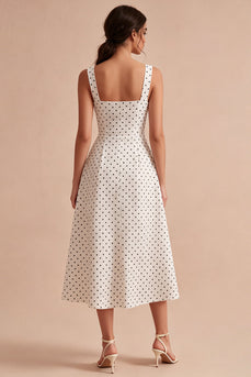 White and Black A Line Thick Straps Maxi Polka Dots Dress
