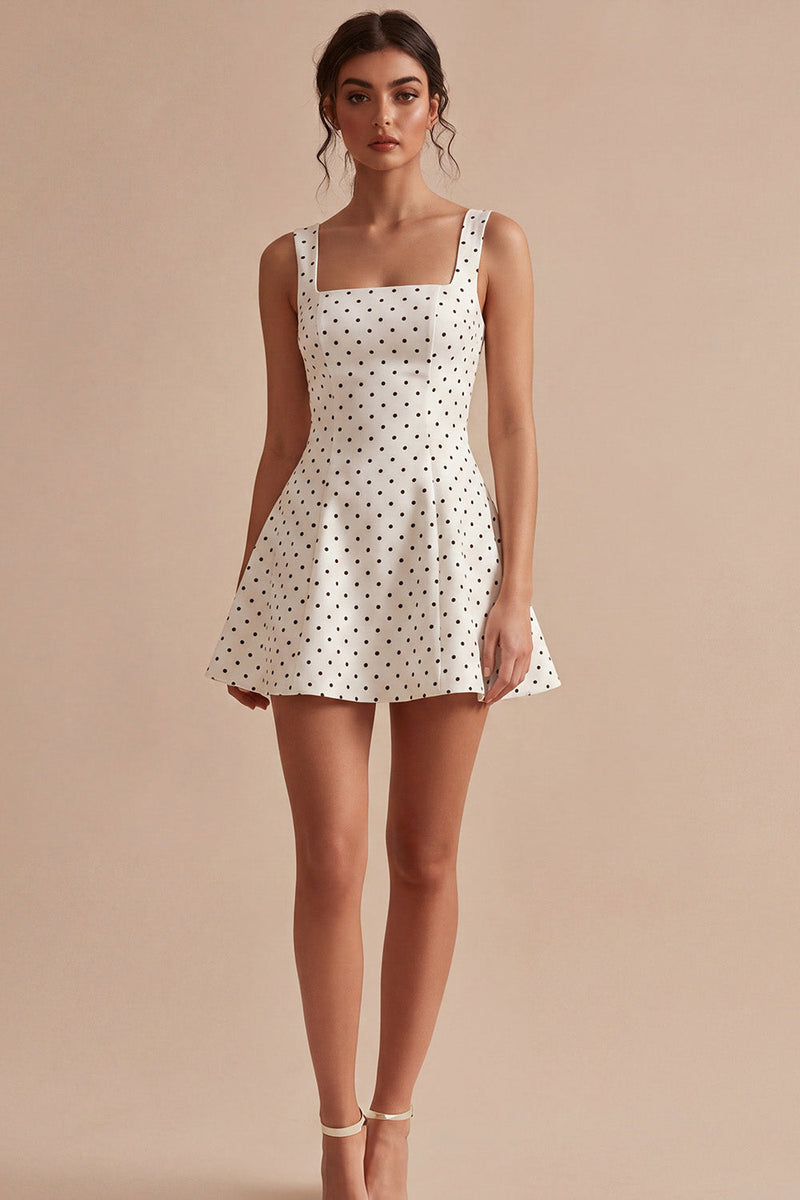 Load image into Gallery viewer, A Line White and Black Thick Straps Short Polka Dots Dress