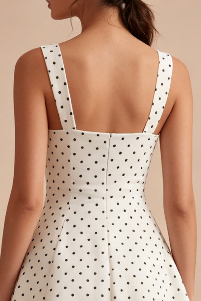 Load image into Gallery viewer, A Line White and Black Thick Straps Short Polka Dots Dress