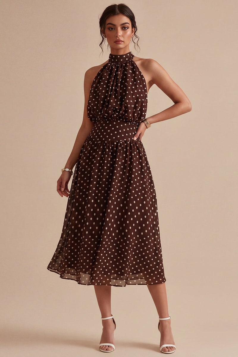 Load image into Gallery viewer, Coffee and White A Line High Neck Maxi Polka Dots Dress