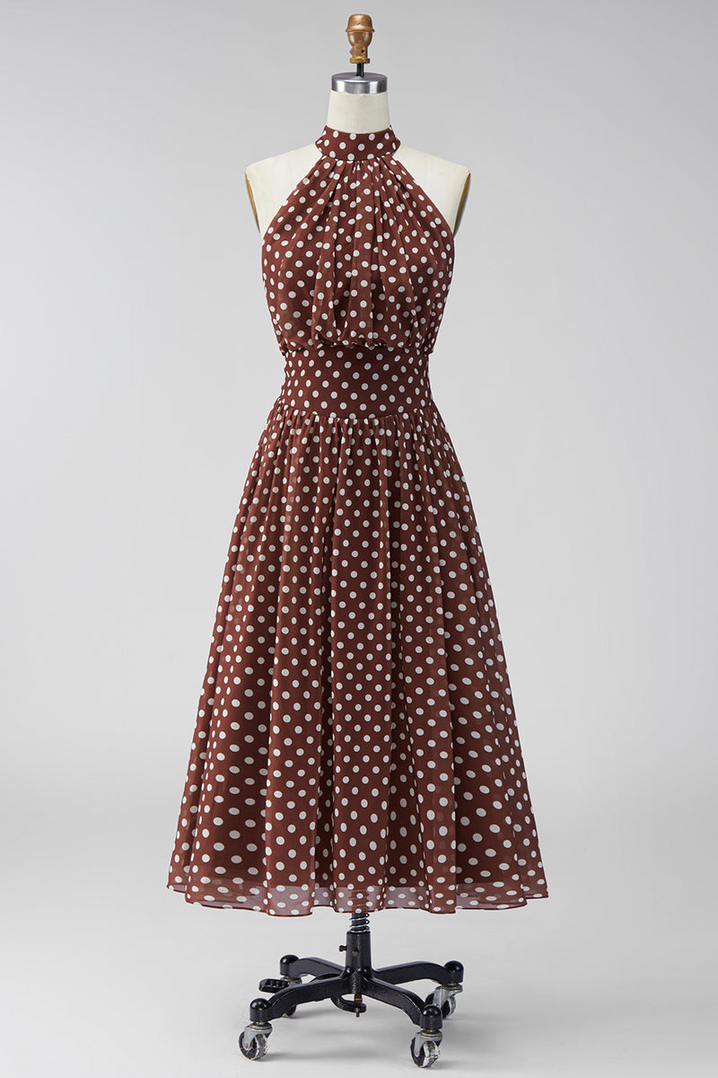 Load image into Gallery viewer, Coffee and White A Line High Neck Maxi Polka Dots Dress
