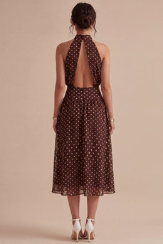 Coffee and White A Line High Neck Maxi Polka Dots Dress