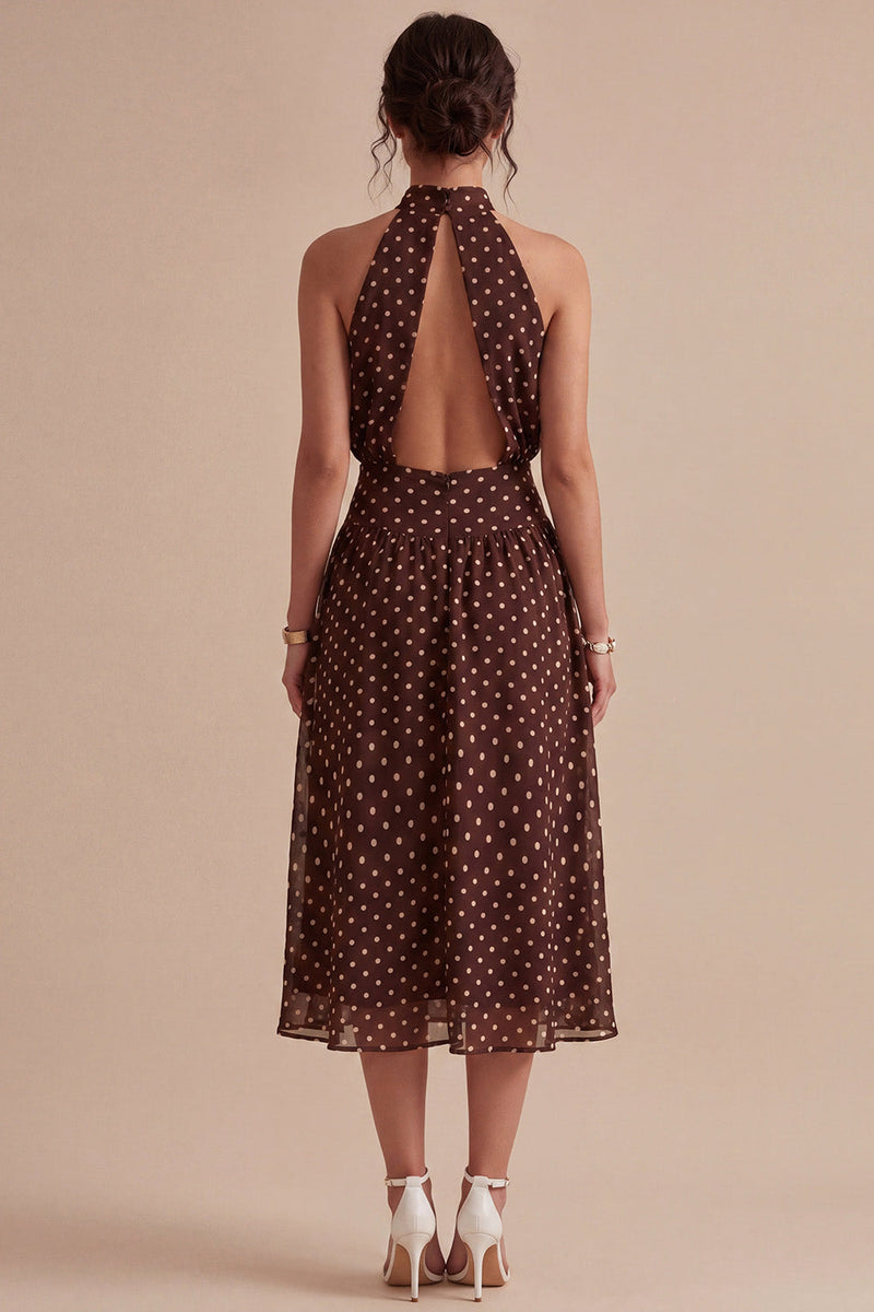 Load image into Gallery viewer, Coffee and White A Line High Neck Maxi Polka Dots Dress