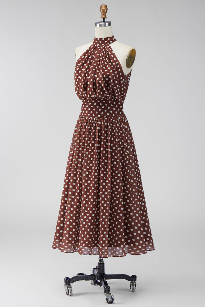 Load image into Gallery viewer, Coffee and White A Line High Neck Maxi Polka Dots Dress