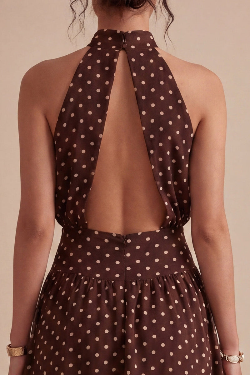 Load image into Gallery viewer, Coffee and White A Line High Neck Maxi Polka Dots Dress