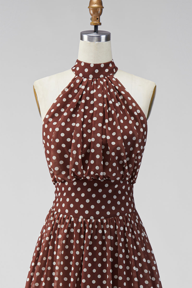 Load image into Gallery viewer, Coffee and White A Line High Neck Maxi Polka Dots Dress