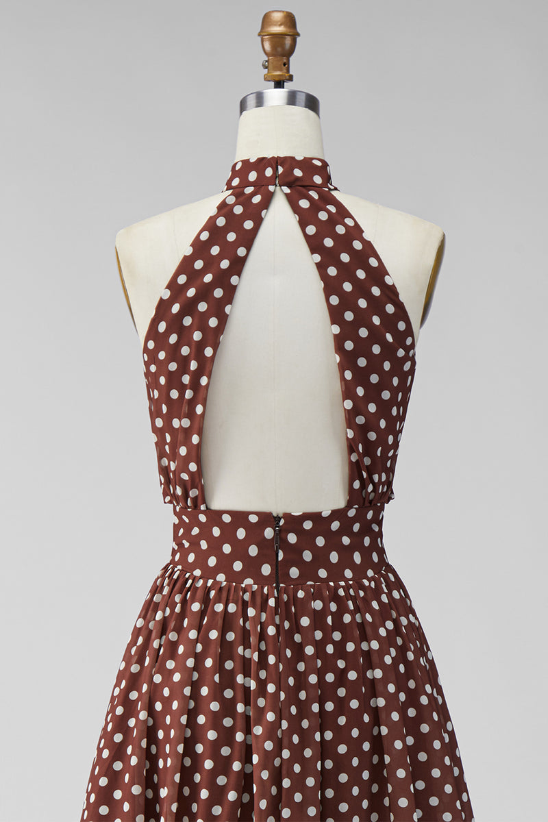 Load image into Gallery viewer, Coffee and White A Line High Neck Maxi Polka Dots Dress
