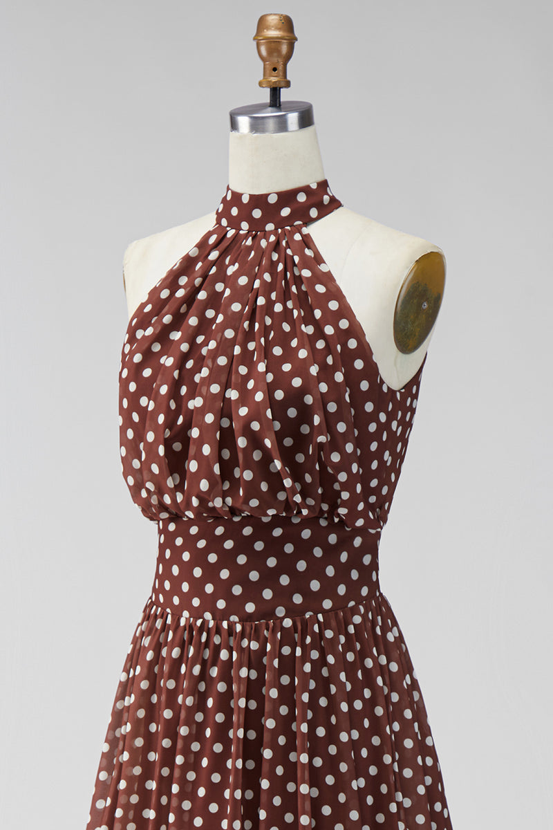 Load image into Gallery viewer, Coffee and White A Line High Neck Maxi Polka Dots Dress