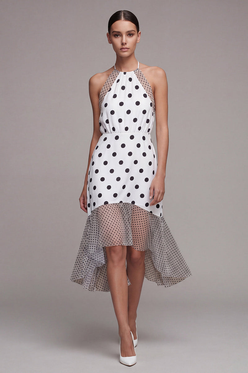Load image into Gallery viewer, Halter White and Black High Low Polka Dots Dress