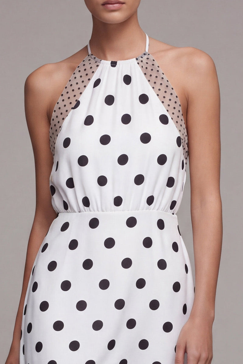 Load image into Gallery viewer, Halter White and Black High Low Polka Dots Dress