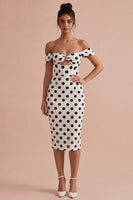 Load image into Gallery viewer, Keyhole Bodycon White and Black Off the Shoulder Midi Polka Dots Dress