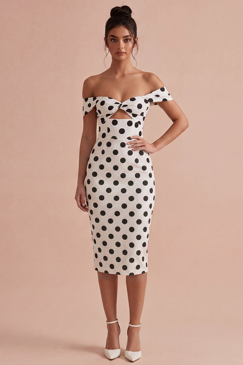 Load image into Gallery viewer, Keyhole Bodycon White and Black Off the Shoulder Midi Polka Dots Dress