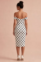 Load image into Gallery viewer, Keyhole Bodycon White and Black Off the Shoulder Midi Polka Dots Dress