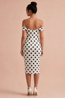 Keyhole Bodycon White and Black Off the Shoulder Midi Polka Dots Dress