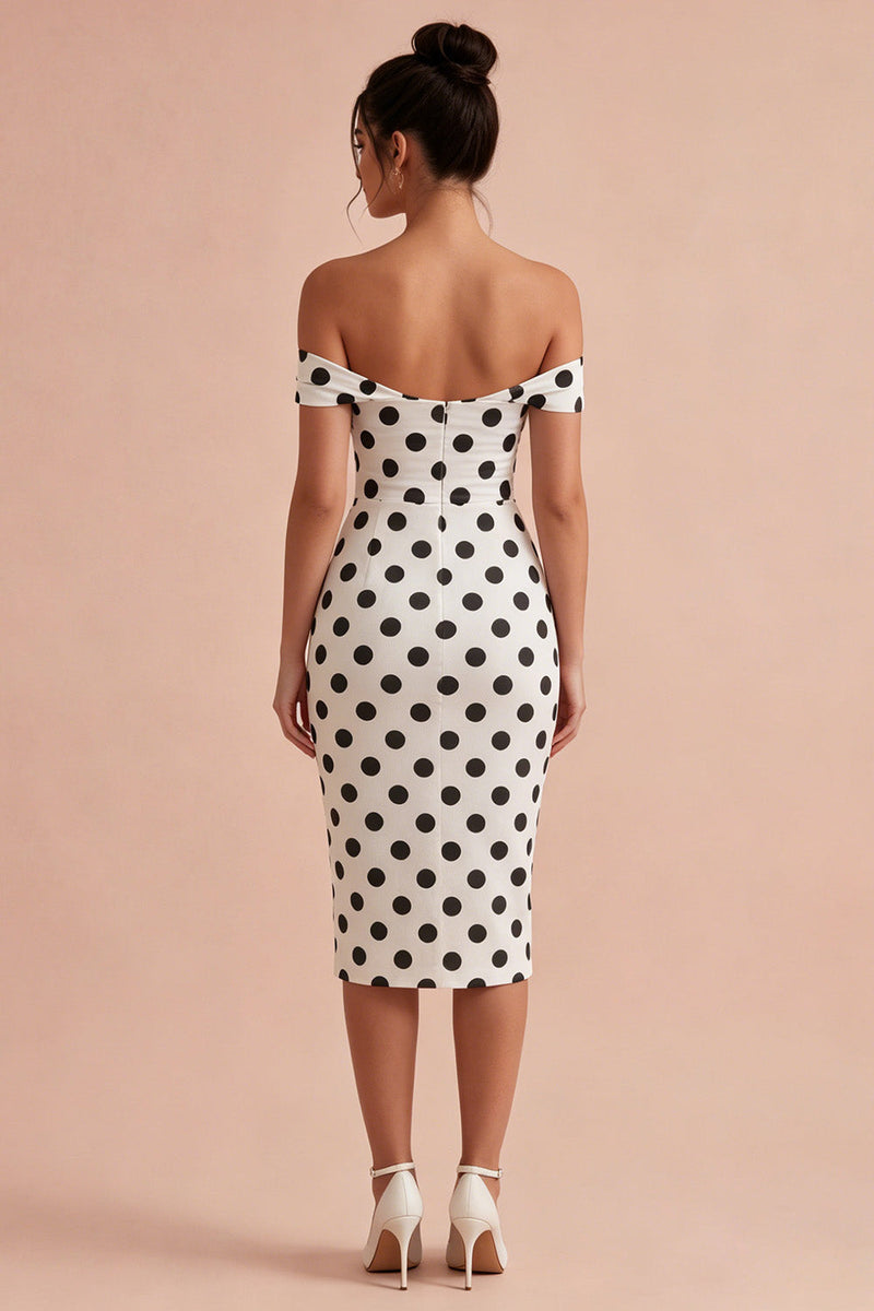 Load image into Gallery viewer, Keyhole Bodycon White and Black Off the Shoulder Midi Polka Dots Dress