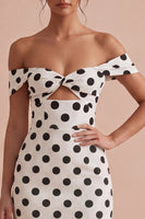 Load image into Gallery viewer, Keyhole Bodycon White and Black Off the Shoulder Midi Polka Dots Dress