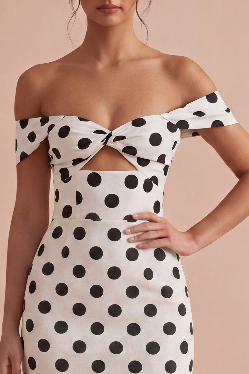 Load image into Gallery viewer, Keyhole Bodycon White and Black Off the Shoulder Midi Polka Dots Dress