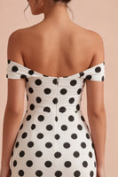 Load image into Gallery viewer, Keyhole Bodycon White and Black Off the Shoulder Midi Polka Dots Dress