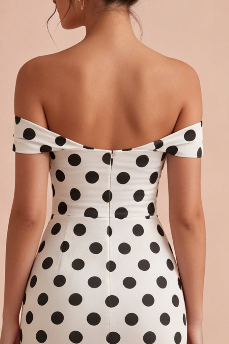Load image into Gallery viewer, Keyhole Bodycon White and Black Off the Shoulder Midi Polka Dots Dress
