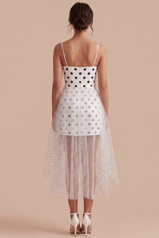 White and Black A Line Spaghetti Straps Maxi Polka Dots Dress