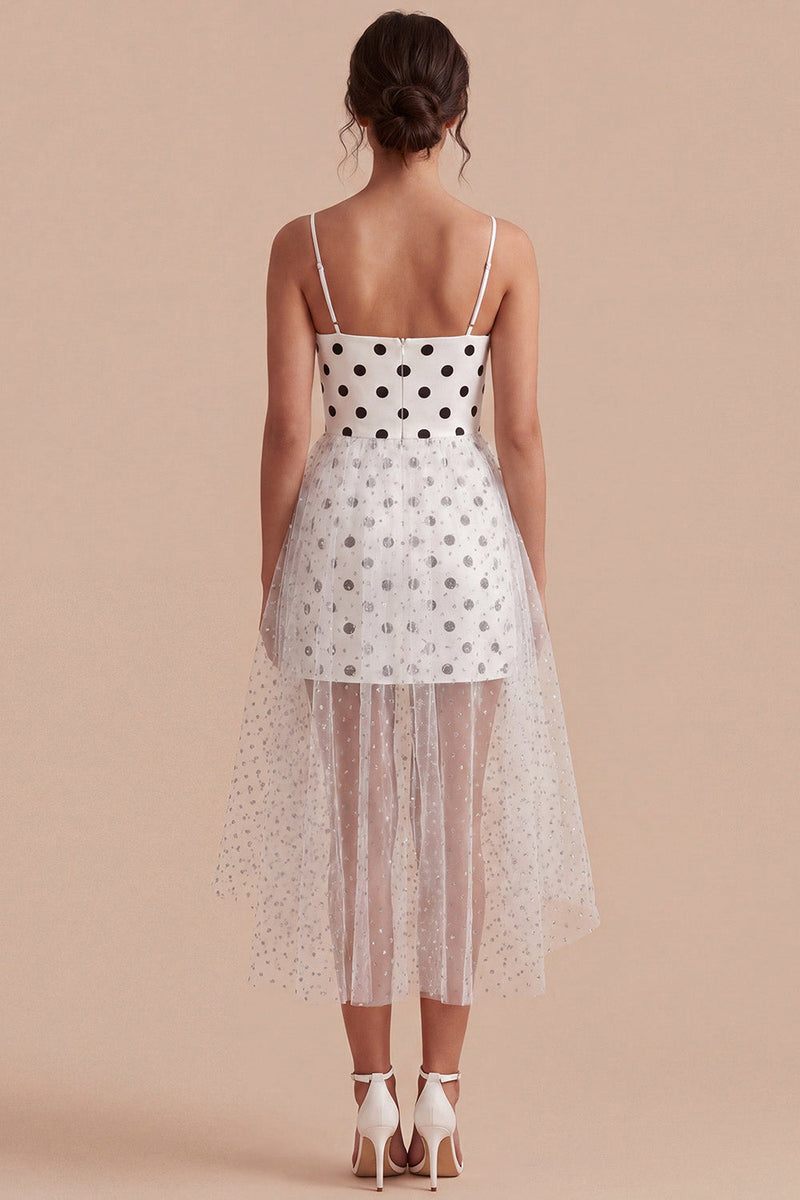 Load image into Gallery viewer, White and Black A Line Spaghetti Straps Maxi Polka Dots Dress