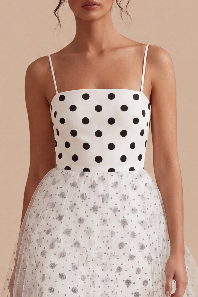 Load image into Gallery viewer, White and Black A Line Spaghetti Straps Maxi Polka Dots Dress