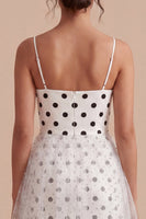 Load image into Gallery viewer, White and Black A Line Spaghetti Straps Maxi Polka Dots Dress