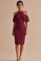 Load image into Gallery viewer, Bodycon Halter Burgundy and White Midi Polka Dots Dress with Ruffles