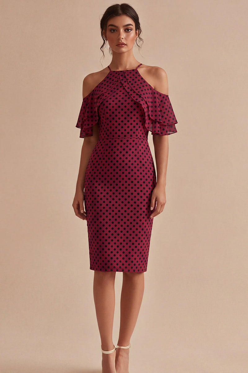 Load image into Gallery viewer, Bodycon Halter Burgundy and White Midi Polka Dots Dress with Ruffles