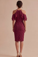 Load image into Gallery viewer, Bodycon Halter Burgundy and White Midi Polka Dots Dress with Ruffles