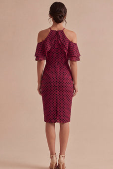 Bodycon Halter Burgundy and White Midi Polka Dots Dress with Ruffles