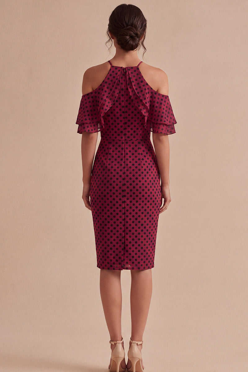 Load image into Gallery viewer, Bodycon Halter Burgundy and White Midi Polka Dots Dress with Ruffles