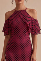 Load image into Gallery viewer, Bodycon Halter Burgundy and White Midi Polka Dots Dress with Ruffles