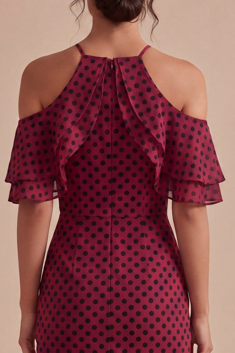 Load image into Gallery viewer, Bodycon Halter Burgundy and White Midi Polka Dots Dress with Ruffles