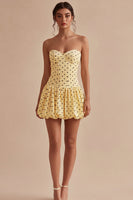 Load image into Gallery viewer, Yellow and Black Strapless A Line Short Polka Dots Dress