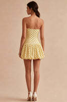 Load image into Gallery viewer, Yellow and Black Strapless A Line Short Polka Dots Dress